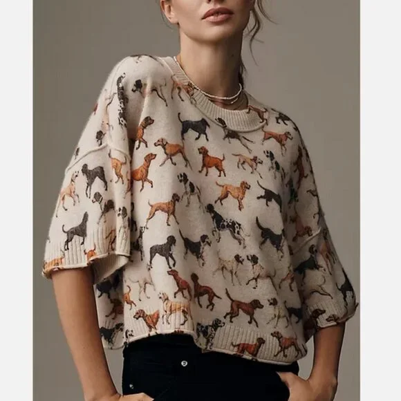 Anthropologie The Goldie Crew-Neck Cashmere Sweater Dog Dogs Size S NWT Puppies - Picture 5 of 6